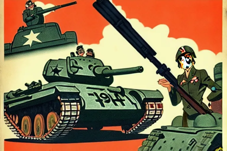 Image similar to 1940s, war, anime, poster, smiling tanks