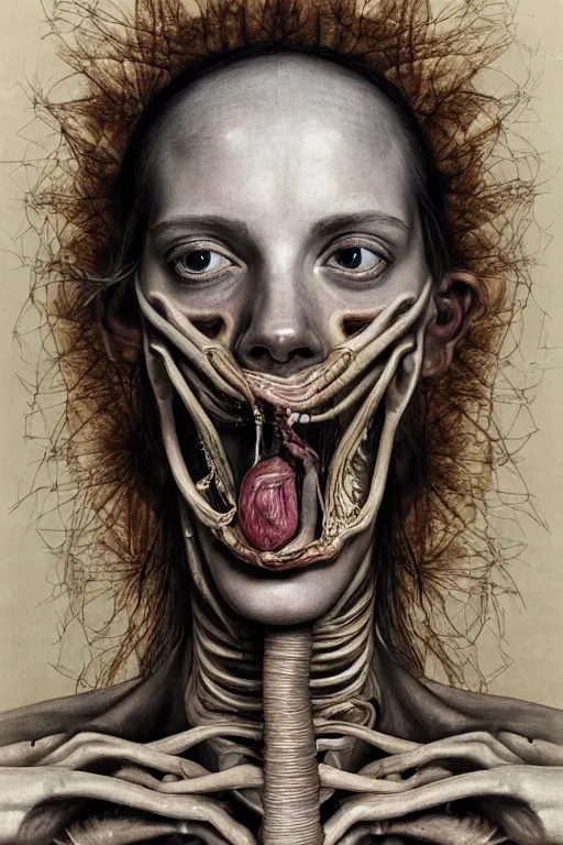 Image similar to Detailed maximalist portrait of a greek god with large lips and eyes, scared expression, botanical anatomy, skeletal with extra fleshy limbs, HD mixed media, 3D collage, highly detailed and intricate, surreal illustration in the style of Jenny Saville, dark art, baroque, centred in image