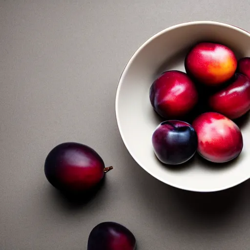 Image similar to photo of a thick porcelain bowl filled with a few moist freshly picked plums on a wooden table. volumetric lighting. 4 k. small scale. realistic. top down.