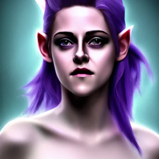 Prompt: Kristen Stewart as a smiling Elf wizard with white hair and purple skin. Photorealistic digital art trending on artstation, artgem, 4k HD.