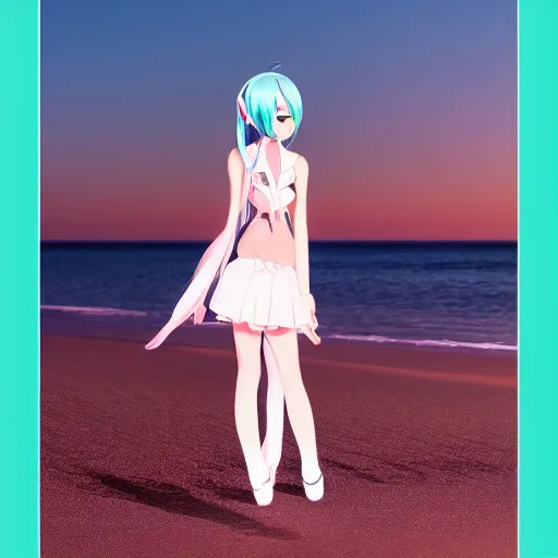 Image similar to photo of hatsune miku takes a walk on late evening beach, f 2,4