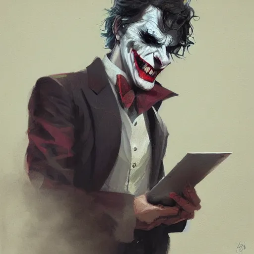 Image similar to joker, serious, paint by greg rutkowski