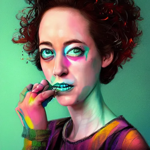 Image similar to hyperdetailed portrait of kristen schaal as delirium of the endless, colourful make up, the sandman, made by caravaggio stanley artgerm lau wlop rossdraws artstation cgsociety concept art cgsociety octane render