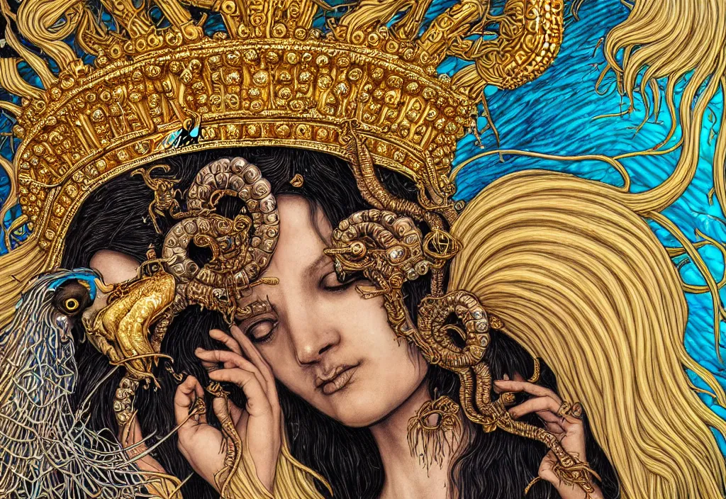 Prompt: isis goddess macro close - up portrait with extremely detailed crown made of ram skull dripping gold + betta fish + jellyfish, in the style of james jean, bioluminiscent, plasma, wind, creature
