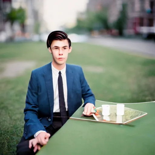 Prompt: A young man in a suit sits at a table on a martial green flannel, bokeh, cinestill