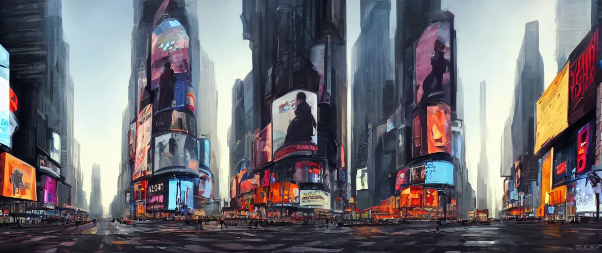 Image similar to huge modern downtown city, billboards, advertisements, Times Square, small buildings, dark, concept art, digital painting, style of Ralph Mcquarrie, warm lighting, futuristic, volumetric lighting, street view, daytime, godrays , high detail