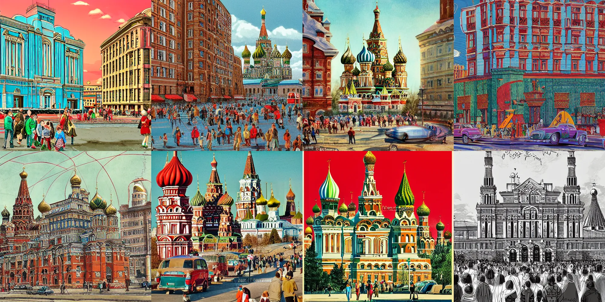 Prompt: russia, a wonderful future, retro architecture, a crowd of adults and children, holiday, joy, clear day, concept, drawing, high detail, in the style of alphonse mukha