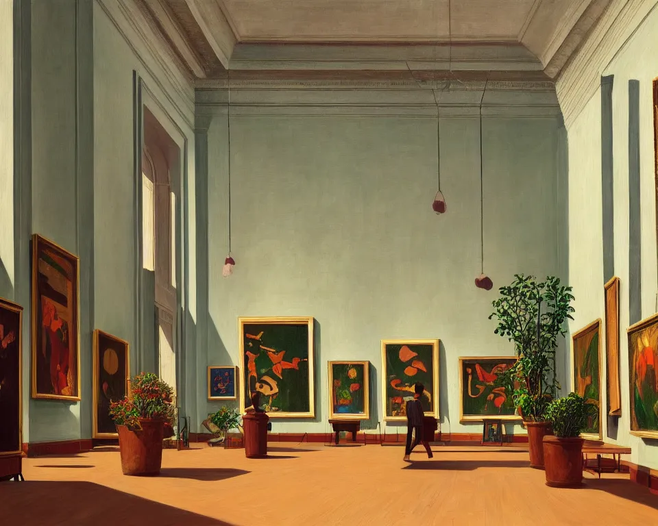 Prompt: an achingly beautiful print of the interior of an art museum with vibrant paintings lining the walls, classical antiquities on display, and small potted plants by Raphael, Hopper, and Rene Magritte. detailed, romantic, enchanting, trending on artstation.