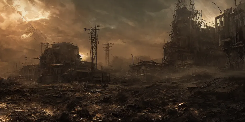 Prompt: a post apocalyptic dramatic lighting cinematic establishing shot extremely high detail photorealistic cinematic lighting artstation style