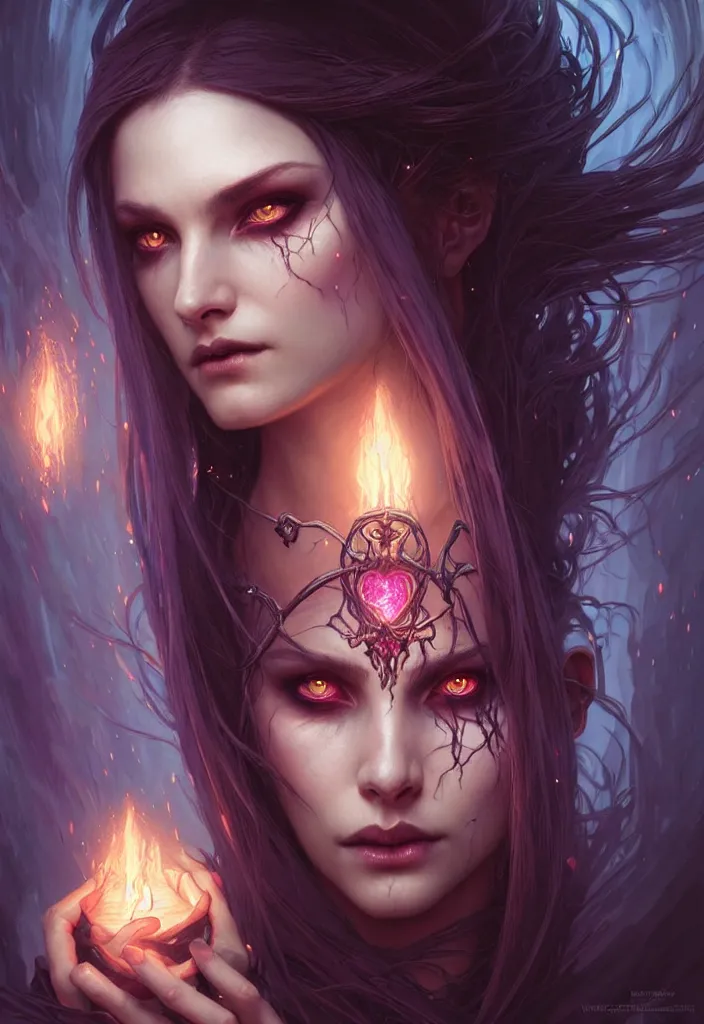 Image similar to Necromancer Sorceress face in center, fantasy magic, undercut hairstyle, dark light night, intricate, elegant, sharp focus, illustration, highly detailed, digital painting, concept art, matte, art by WLOP and Artgerm and Greg Rutkowski and Alphonse Mucha, masterpiece