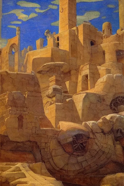 Image similar to ancient city by the sea by Annie Swynnerton and Nicholas Roerich, strong dramatic cinematic lighting , ornate architecture, lost civilizations, smooth, sharp focus, extremely detailed