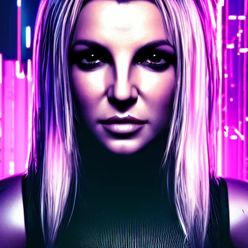 Image similar to britney spears portrait, Cyberpunk 2077, ultra photorealistic, cybernetic body parts, neon, octane, bokeh, 8k