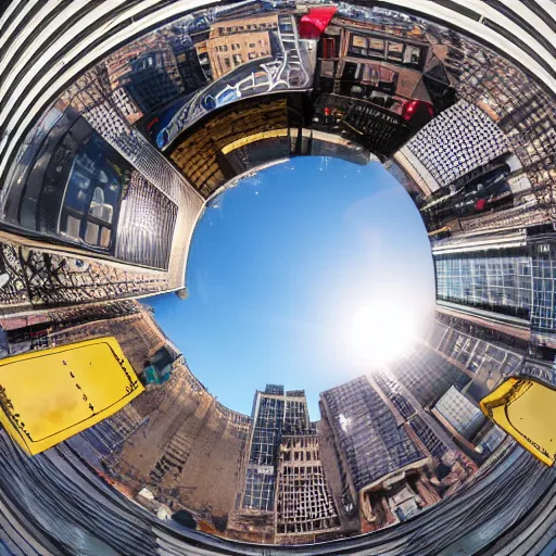 Prompt: sole of a boot about to step down, worms view, looking up, times square, sun spot, fisheye, hyperrealistic