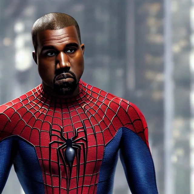 Prompt: A photo of Kanye West in SpiderMan: No Way Home, ultra realistic facial details, enhanced faces, ultra photorealistic raytracing, 8k