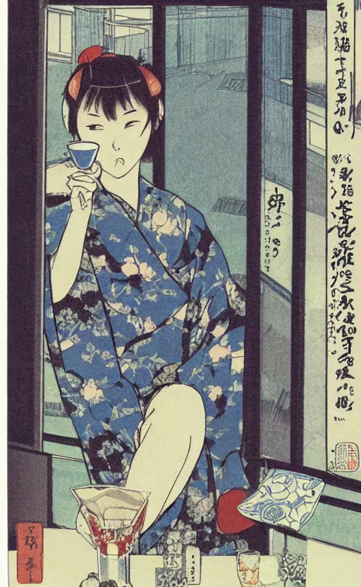 Image similar to by akio watanabe, manga art, alone girl is drinking sake while looking outside of window, blue cup, trading card front, kimono, realistic anatomy, sun in the background