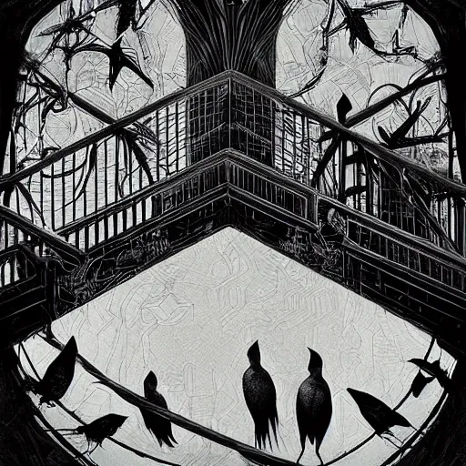 Image similar to crows at a architectural complex with an occult witch by Android Jones and M. C. Escher collaboration, futurist, digital art, dramatic lighting, symbolic