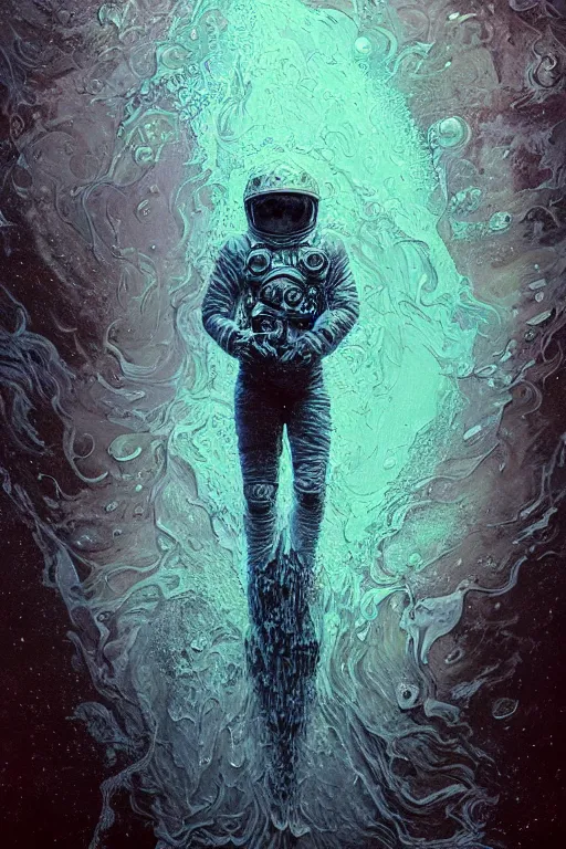 Image similar to close up shot of a full body floating astronaut portrait water elemental fading into water, high contrast, james gurney, peter mohrbacher, mike mignola, black paper, mandelbulb fractal, trending on artstation, exquisite detail perfect, large brush strokes, bold colors, intricate ink illustration, black background