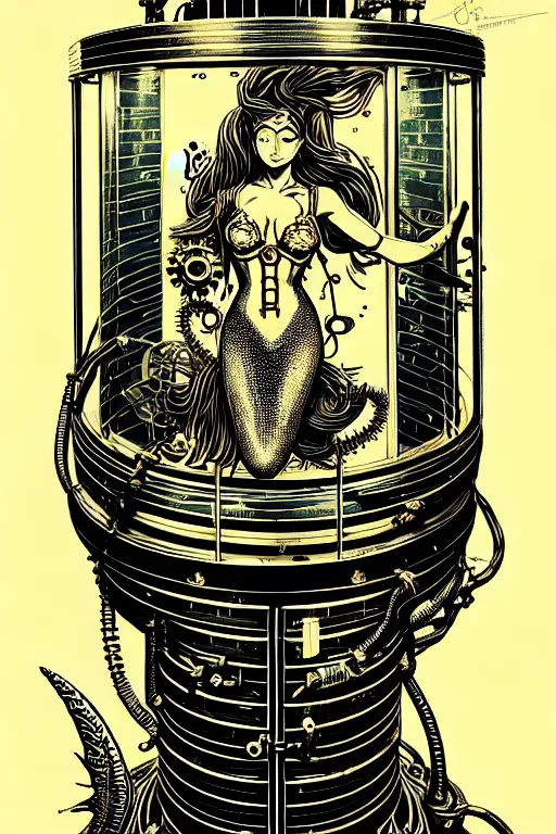 Image similar to steampunk cryo chamber containing a mermaid, high details, intricately detailed, by vincent di fate, inking, 3 color screen print, masterpiece, trending on artstation,, sharp, details, hyper - detailed, hd, 4 k, 8 k