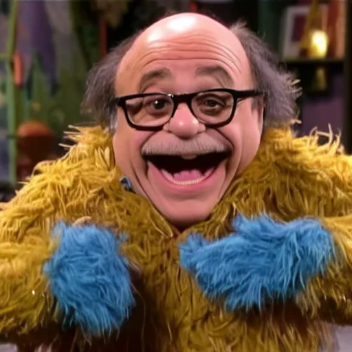 Image similar to Danny Devito as a fuzzy puppet muppet in sesame street, 8k resolution, full HD, cinematic lighting, award winning, anatomically correct