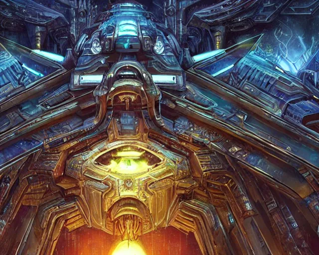 Image similar to photo of a temple, mothership, alien utopia!!, holy place, protoss!!, starcraft, intricate, scifi, machine city, highly detailed, art by roberto digiglio and furio tedeschi and filippo ubertino