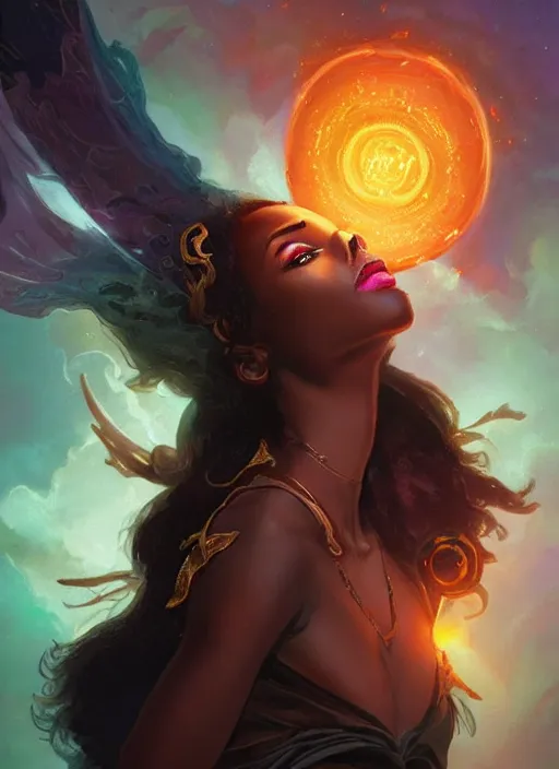 Image similar to beautiful black woman casting magical spells and using powers, digital illustration artstation, concept art, matte, sharp focus, illustration, dramatic exploding nebulae, hearthstone, art by artgerm and greg rutkowski and alphonse mucha