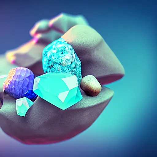 Image similar to macro photo of precious stones with fungal cultures and mold with little pastel coloured filaments, octane render, tilt shift, polarized light, ultrasharp focus, unreal engine 5, bokeh background, hyperrealism, vray