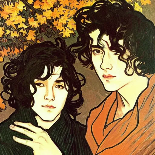 Image similar to painting of young cute handsome beautiful dark medium wavy hair man in his 2 0 s named shadow taehyung and cute handsome beautiful min - jun together at the halloween! party, bubbling cauldron!, candles!, smoke, autumn! colors, elegant, wearing suits!, delicate facial features, art by alphonse mucha, vincent van gogh, egon schiele