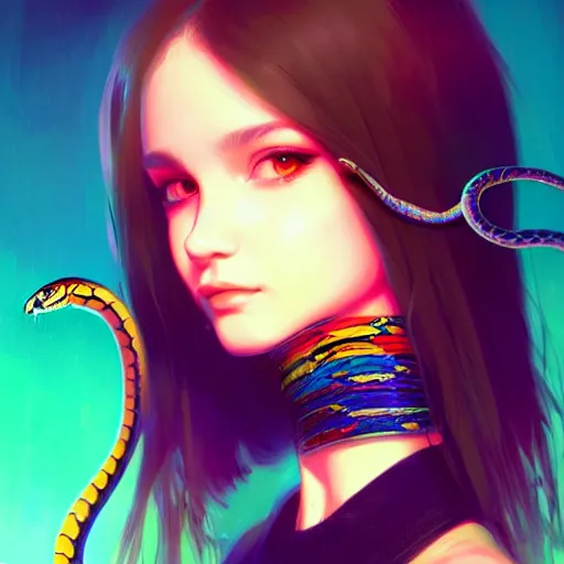 Image similar to longshot of a pretty girl wearing a black choker holding a snake, intricate, bright colors, sharp focus, illustration, highly detailed, concept art, matte, trending on artstation, anime, art by wlop and artgerm and greg rutkowski, ilya kuvshinov, strong strokes, h 6 4 0