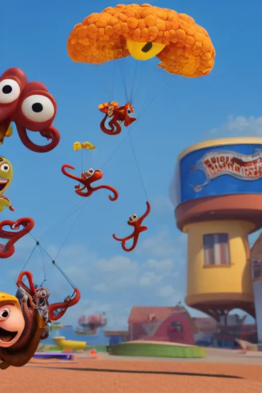 Image similar to Excited octopus jumping from the plane on parachute. Pixar Disney render 3d animation movie Oscar winning