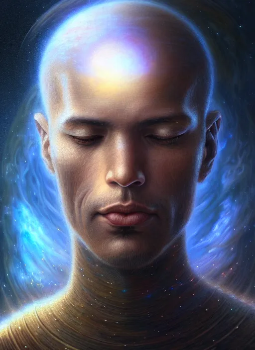 Prompt: closeup portrait shot of a male meditation in cosmic galaxy in a scenic dystopian environment, intricate, elegant, highly detailed, centered, digital painting, artstation, concept art, smooth, sharp focus, illustration, artgerm, tomasz alen kopera, peter mohrbacher, donato giancola, joseph christian leyendecker, wlop, boris vallejo