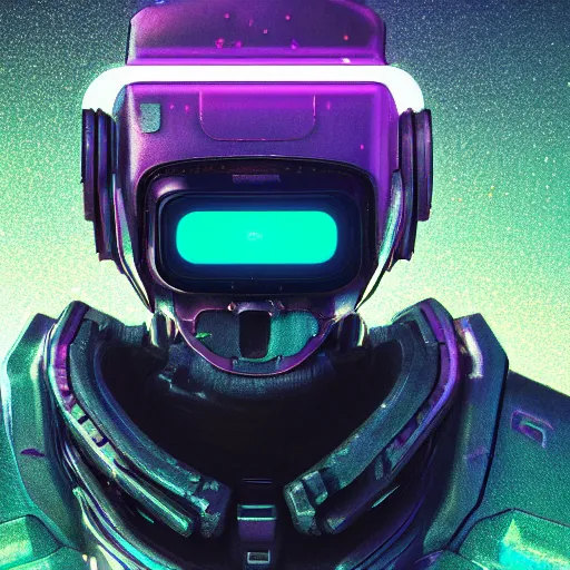 Image similar to cyberpunk concept cool cyborg bot, cinema 4 d, galaxy, cosmos, ufo, space sci - fi, wearing vr goggles, illustration, portrait, pastel neon textured background night, trending on artstation, greg rutkowski, octane rendered, 1 2 k, detailed,