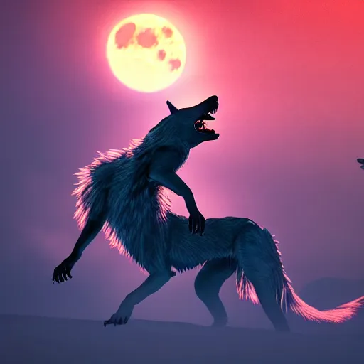 Prompt: werewolf howling to the shiny moon, red sky, 4 k, cinematic composition, dark fantasy, hyper detailed