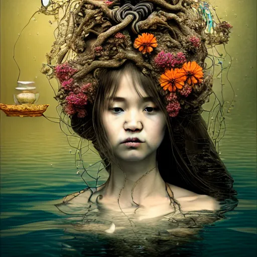 Image similar to prompt: Fragile looking vessel portrait face drawn by Katsuhiro Otomo, beautiful girl in lake with shining face octane 3d render super detailed, nymph in the water performing alchemy, small flowers and cables and wire around and on the side with artifacts and ancient book, intricate oil painting, high detail, Neo-expressionism, gnarly details