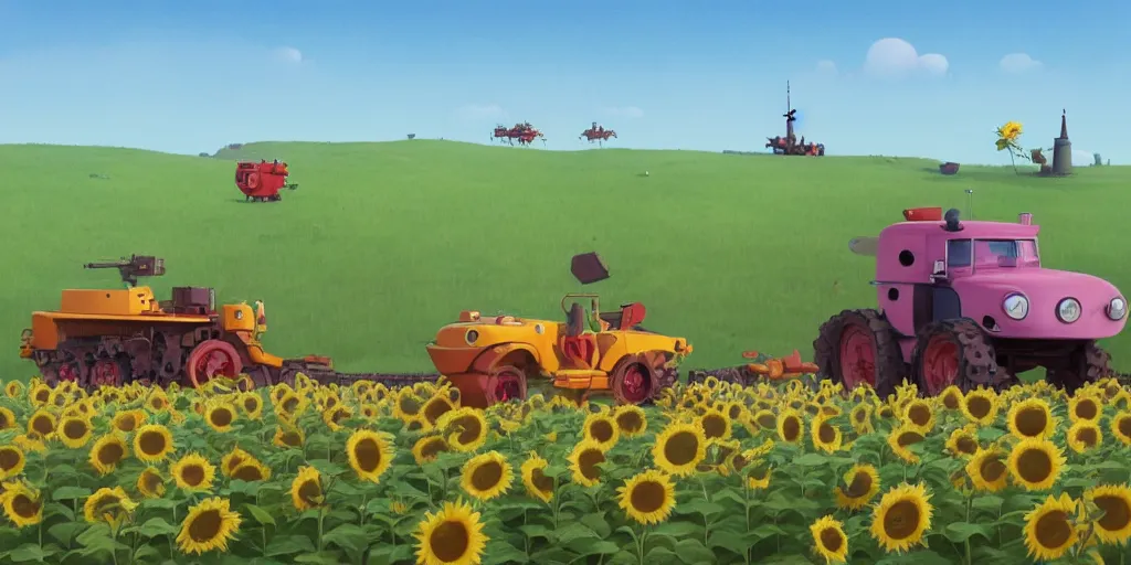 Prompt: cute cartoon little tractor dragging the russian tank on the sunflower field by goro fujita and simon stalenhag and wes anderson and alex andreev and chiho aoshima and beeple and banksy and kandinsky and magritte and basquiat and picasso, 8 k, trending on artstation, hyper detailed, cinematic