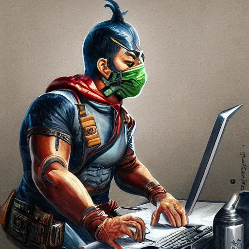 Prompt: an insanely detailed painting of a asian man wearing a homemade superhero costume and mask, sitting at a computer desk typing on the keyboard, in the style of peter mohrbacher, dramatic lighting and composition, trending on artstation, concept art, comic book, graphic novel, back view