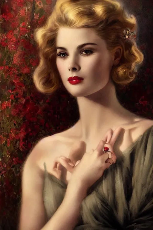 Image similar to a young and extremely beautiful grace kelly infected by night by tom bagshaw in the style of a modern gaston bussiere, art nouveau, art deco, surrealism. extremely lush detail. melancholic scene infected by night. perfect composition and lighting. profoundly surreal. high - contrast lush surrealistic photorealism. sultry and mischievous expression on her face.