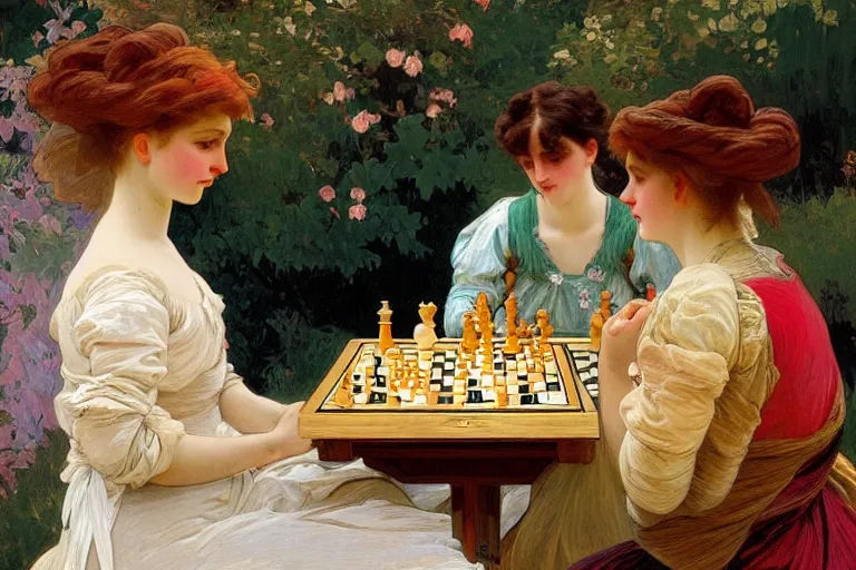 Women playing chess at the steampunk pub, Quentin, Stable Diffusion