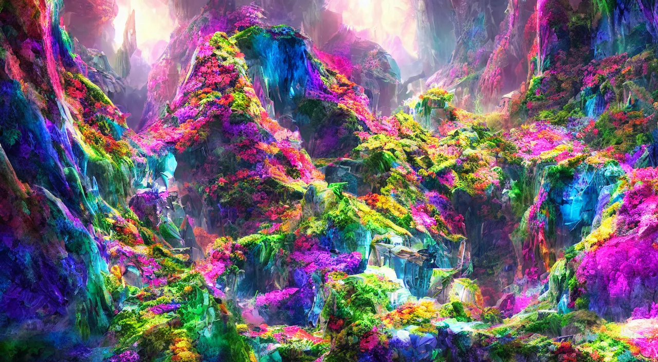 Image similar to biological crystallographic lattice bridging megastructure, in a canyon with flowers and lots of colors, by jack oliva - rendler, by glenn small, by albert bierstadt, photorealistic, zaha hadid, god rays, volumetric lighting, detailed, extremely intricate, raytrace, octane, light fog, neon