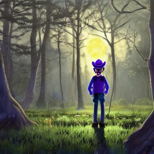 Image similar to an ultra - detailed beautiful painting of waluigi from the mario bros series in a dark forest, moonlight through the trees, oil panting, high resolution 4 k, by ilya kuvshinov, greg rutkowski and makoto shinkai )