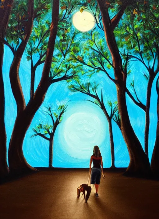 Image similar to young brown woman walking her dog in a park at night with a full moon, ceiba trees, acrylic painting, photoreal, fantasy