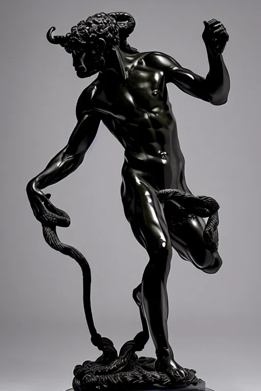 Image similar to intricate and detailed dancing Satyr statue made on polished obsidian by Antonio Corradini