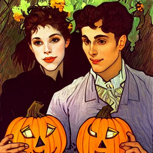 Image similar to painting of handsome young delicate beautiful jeffrey in his 2 0 s with brown hair and gorgeous rina together at the jack o'lantern halloween party holding pumpkins, elegant, clear, painting, stylized, art, art by alphonse mucha, vincent van gogh, egon schiele,