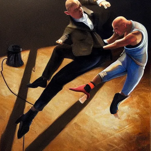 Image similar to agent 4 7 dropkicking a man off top of wrestling cell, realist painting
