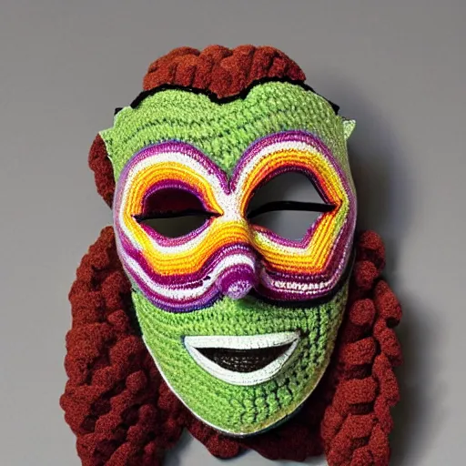 Image similar to multicolored crocheted mask, 1 9 8 0 s catalogue photo