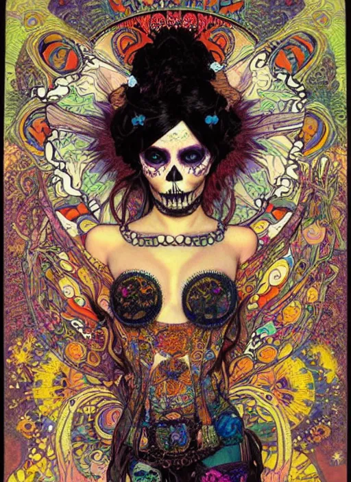 Image similar to psychedelic poster art of a cute punk goth fashion fractal Día de los Muertos tattooed girl posing by Victor Moscoso Rick Griffin Alphonse Mucha Gustav Klimt Ayami Kojima Amano Charlie Bowater, masterpiece