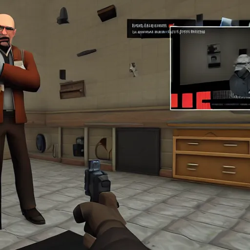 Image similar to screenshot of team fortress 2 gameplay with walter white, first person, highly detailed, highly intricate, 8 k,