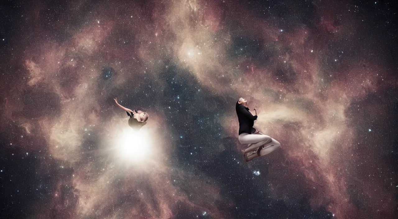 Image similar to one woman looking up while floating in space