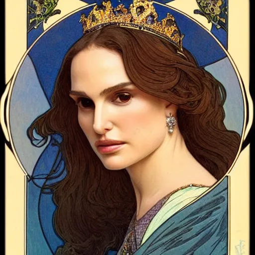 Image similar to natalie portman portrait by louis - theophile hingre and alphonse mucha, realistic, sharp focus, zodiac signs, tarot cards, planets, ethereal, art nouveau, magic, moon, sun, crown, dreamy, royal, jewellery