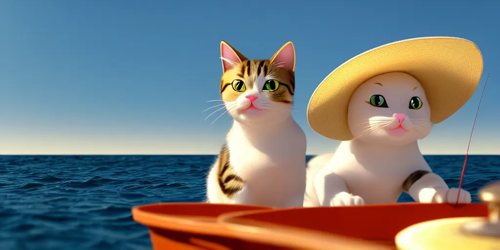 Prompt: a wholesome animation key shot of a cute cat on a fishing boat wearing a sunhat, studio animation, sharp, render