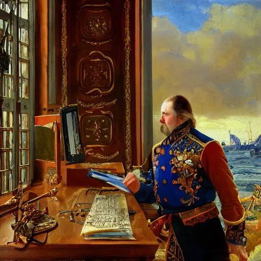 Image similar to russian tsar Peter The Great 18th century reinstalls windows 95 by vasnetsov and surikov serov, JEAN-VICTOR BERTIN, by Terence Cuneo, detailed, artfully traced, 4k resolution, cinematic, dramatic